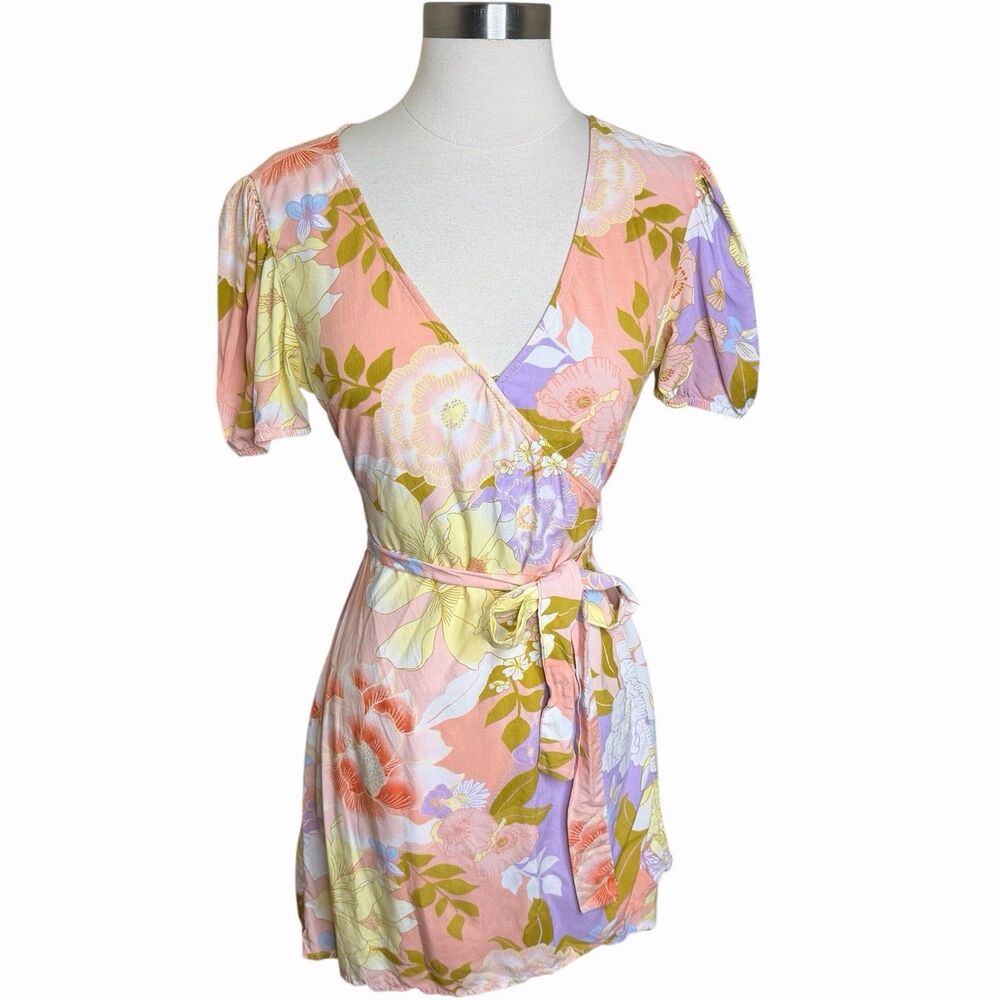 Billabong Floral Wrap Dress Cottagecore Coquette Boho V Neck Tie Waist Small